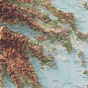 Greece, Topographic map - 1922, 2D printed shaded relief map with 3D effect of a 1922 topographic map of Greece. Shop our beautiful fine art printed maps on supreme Cotton paper. Vintage maps digitally restored and enhanced with a 3D effect.