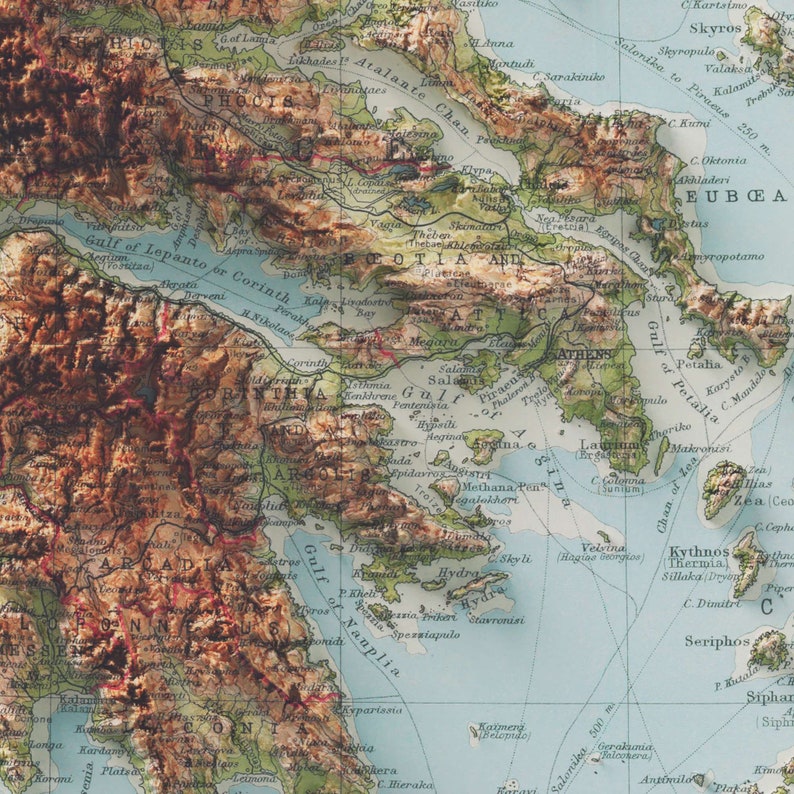 Greece, Topographic map - 1922, 2D printed shaded relief map with 3D effect of a 1922 topographic map of Greece. Shop our beautiful fine art printed maps on supreme Cotton paper. Vintage maps digitally restored and enhanced with a 3D effect.