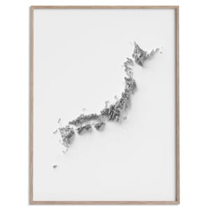 Japan Landkarte (weiß) - 2D Poster Shaded Relief Map, Fine Art Wanddekoration, Geographie Reise Poster