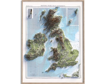 British-Irish Isles Topographic Map of 1920 - 2D Poster Shaded Relief Map, Fine Art Wall Decor, Vintage Gift Print, Geography Travel Art