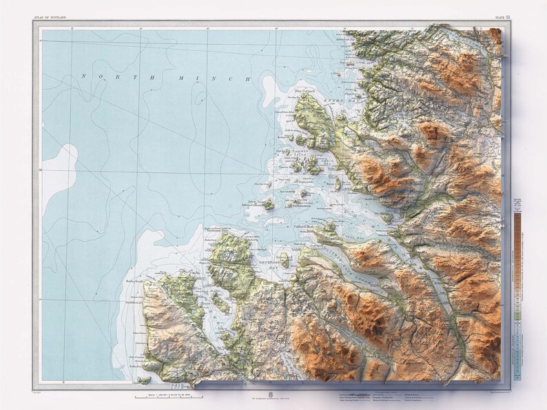 Ullapool (Scotland, UK), Topographic map - 1912, 2D printed shaded relief map with 3D effect of a 1912 topographic map of Ullapool and Lochinver (Scotland, UK). Vintage maps digitally restored and enhanced with a 3D effect. VizCart from Vizart