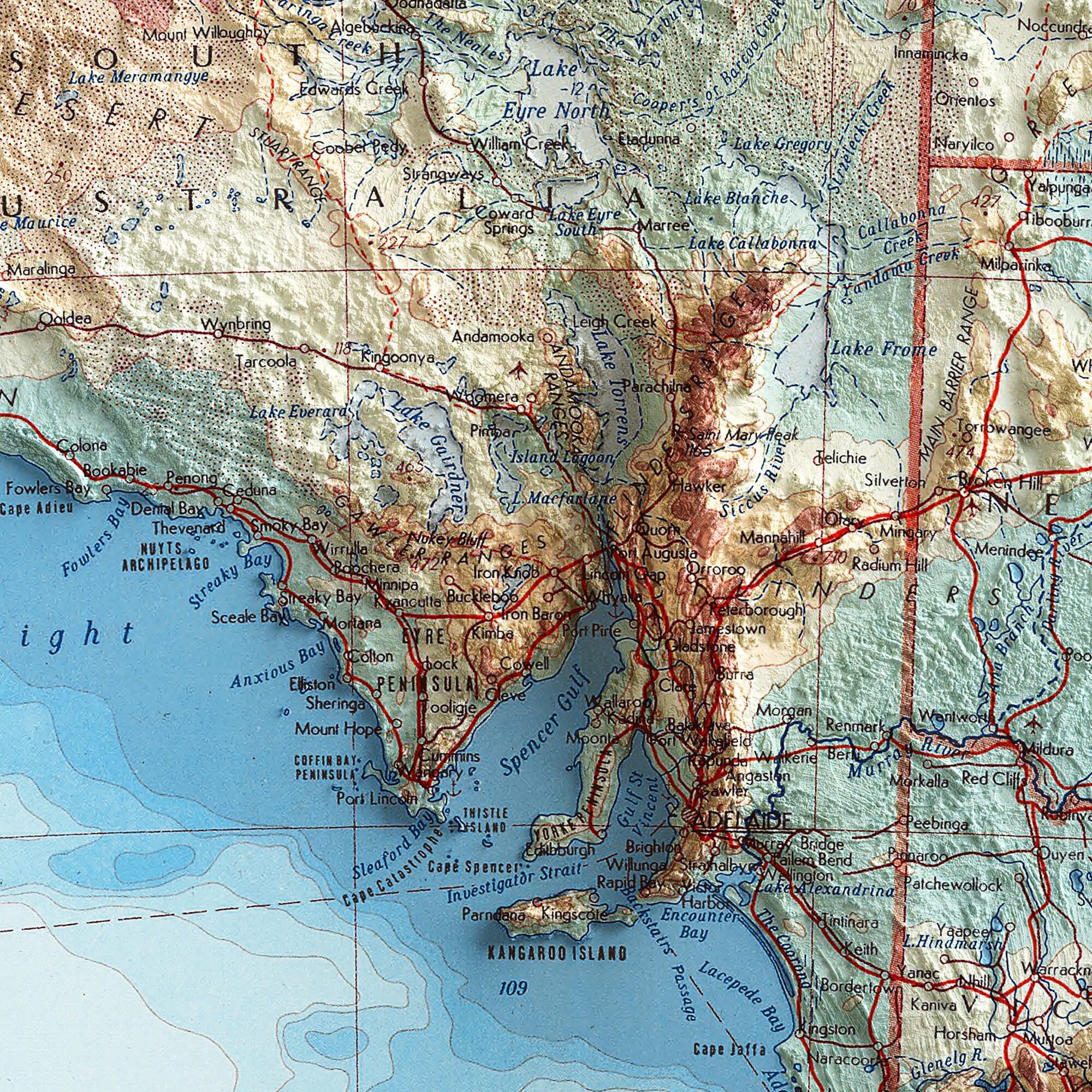 1967 年のオーストラリア地形図 - 2D ポスター陰影付きレリーフ マップ