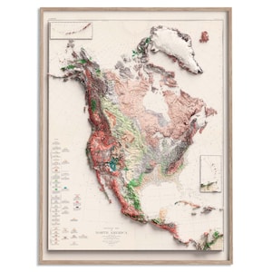 North America Geological Map of 1911 - 2D Poster Shaded Relief Map, Fine Art Wall Decor, Vintage Gift Print, Geography Travel