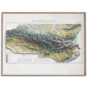 Carte géologique des Pyrénées (France, Espagne) de 1891 - carte en relief ombragé affiche 2D, décoration murale beaux-arts, impression cadeau vintage, art de voyage géographie