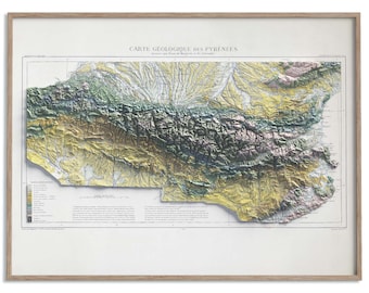 Carte géologique des Pyrénées (France, Espagne) de 1891 - carte en relief ombragé affiche 2D, décoration murale beaux-arts, impression cadeau vintage, art de voyage géographie