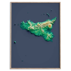 Carte des reliefs de la Sicile (Italie) (Viridis) - carte en relief ombragé, affiche 2D, décoration murale beaux-arts, impression cadeau moderne, art de voyage géographie