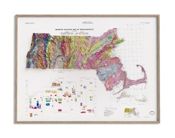 Massachusetts (USA) Geological Map of 1983 - 2D Poster Shaded Relief Map, Fine Art Wall Decor, Vintage Gift Print, Geography Travel Art