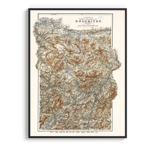 Dolomitas (Italia), mapa topográfico de 1904 - Póster vintage reimpreso, decoración de pared, regalo de geografía de viaje