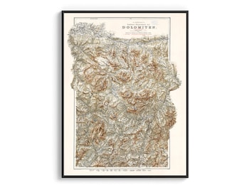 Dolomites (Italy), Topographic map 1904 - Vintage reprint poster, wall decor art, travel geography gift