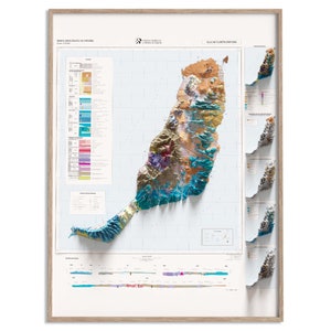Carte géologique de Fuerteventura (Espagne) de 1991 - carte en relief ombragé affiche 2D, décoration murale fine art, impression cadeau vintage, art de voyage géographie
