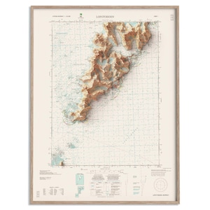 Carte topographique des Lofotodden (Lofoten, Norvège) de 2009 - carte en relief ombragé affiche 2D, décoration murale beaux-arts, cadeau vintage impression géographie voyage