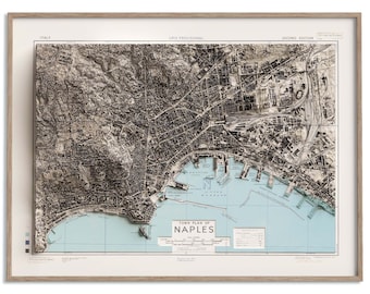 May include: A vintage town plan map of Naples, Italy. The map is printed in black and white with blue accents. The map shows the city's streets, buildings, and harbor. The title "Town Plan of Naples" is printed at the bottom of the map.