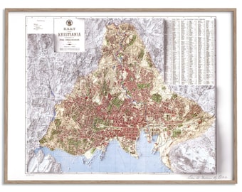 Stadsplattegrond van Oslo (Noorwegen) 1901: vintage vlakke gearceerde reliëfdrukkunst
