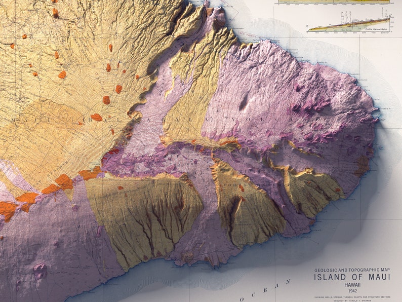 Maui Hawaii, USA Geological Map of 1942 2D Poster Shaded Relief Map, Fine Art Wall Decor, Vintage Gift Print, Geography Travel Art image 4