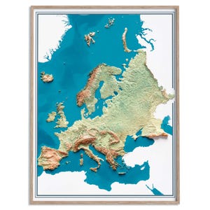 Europe Elevation Map (Satellite) - 2D Poster Shaded Relief Map, Fine Art Wall Decor, Geography Travel Poster