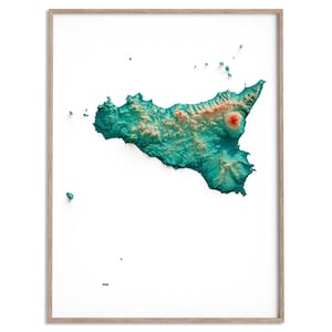 Carte des altitudes de la Sicile (Italie) (spectrale) - carte en relief ombragé, affiche 2D, décoration murale beaux-arts, impression cadeau moderne, art de voyage géographie