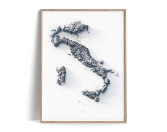 Italy - Elevation Map (White) - 2D Poster Shaded Relief Map, Fine Art Wall Decor, Travel Poster