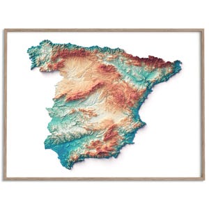 Spanien Continental Elevation Map (Spektral) - 2D Poster Shaded Relief Map, Fine Art Wanddekoration, Geographie Reise Poster