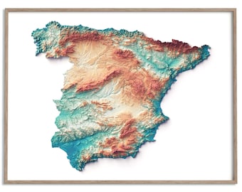 Pode incluir: Um mapa topográfico 3D da Espanha, mostrando o terreno variado do país em tons de azul, verde e marrom.