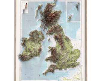 British-Irish Isles 1920 Topographic Map: Vintage Flat Shaded Relief Print Art