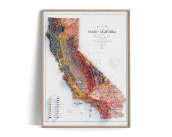 California (USA) | Geological map - 1916 | Shaded relief map | Fine Art print