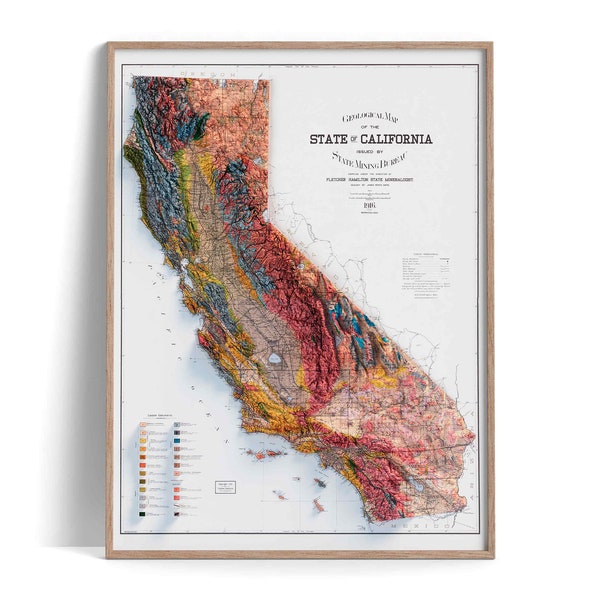 Carte géologique de la Californie (États-Unis) de 1916 - carte en relief ombragé affiche 2D, décoration murale beaux-arts, impression cadeau vintage, art de voyage géographie