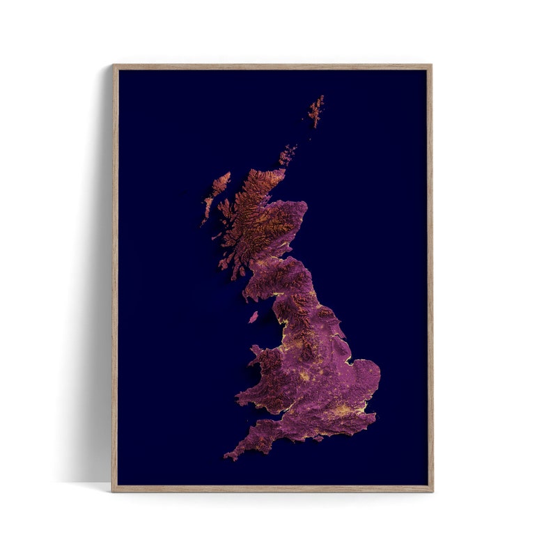 Great Britain, UK Elevation Map Magma 2D Poster Shaded Relief Map, Fine Art Wall Decor, Travel Poster image 1