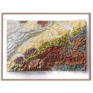 Carte géologique de la Suisse de 1972 - carte en relief ombragé affiche 2D, décoration murale fine art, impression cadeau vintage, art de voyage géographie