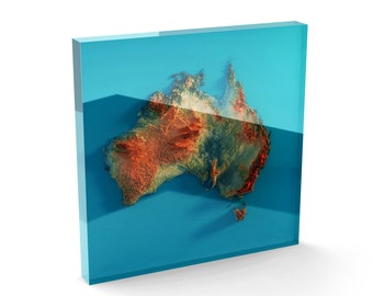 Australia | Acrylic Block | Shaded relief Map | Spectral and White elevation tint