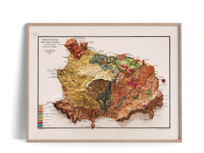 Ischia Italy Geological Map of 1873 2D Poster Shaded Relief Map, Fine Art Wall Decor, Vintage Gift Print, Geography Travel Art image 1