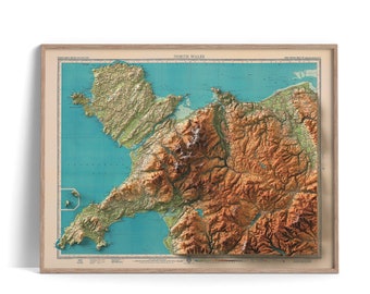 North Wales (Wales, UK) Topographic Map of 1941 - 2D Poster Shaded Relief Map, Fine Art Wall Decor, Vintage Gift Print, Geography Travel Art