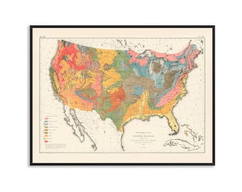 United States of America, Geological map (1874) - Vintage map reprint, wall decor map, travel poster