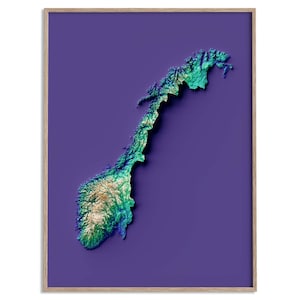 Norway Elevation Map (Viridis) - 2D Poster Shaded Relief Map, Fine Art Wall Decor, Geography Travel Poster