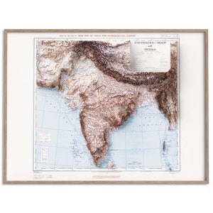 Carte topographique de l'Inde de 1973 - carte en relief ombragé affiche 2D, décoration murale fine art, impression cadeau vintage, art de voyage géographie