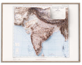 India Topographic Map of 1973 - 2D Poster Shaded Relief Map, Fine Art Wall Decor, Vintage Gift Print, Geography Travel Art