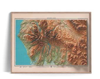 English Lakes (UK) Topographic Map of 1941 - 2D Poster Shaded Relief Map, Fine Art Wall Decor, Vintage Gift Print, Geography Travel Art