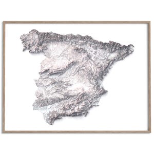 Spain continental Elevation Map (White) - 2D Poster Shaded Relief Map, Fine Art Wall Decor, Geography Travel Poster