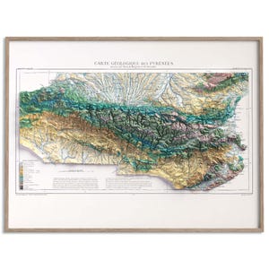 Mapa geológico de los Pirineos de 1891: Impresión vintage en relieve plano y sombreado