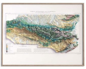 Mapa geológico de los Pirineos de 1891: Impresión vintage en relieve plano y sombreado