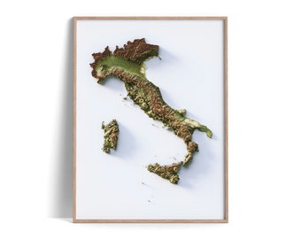 Italy - Elevation Map (Geo) - 2D Poster Shaded Relief Map, Fine Art Wall Decor, Travel Poster