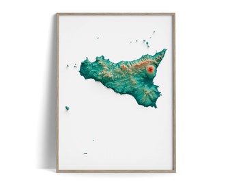 Sicily, Italy - Elevation Map (Spectral) - 2D Poster Shaded Relief Map, Fine Art Wall Decor, Modern Gift Print, Geography Travel Art