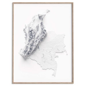 Carte des reliefs de la Colombie (blanc) - affiche 2D, carte en relief ombré, décoration murale beaux-arts, affiche de voyage géographie