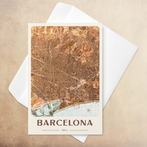 Biglietto d'auguri con mappa della città di Barcellona - Planimetria vintage in rilievo ombreggiato, illustrazione di mappa di cancelleria, biglietto regalo per anniversario - 6''x4''