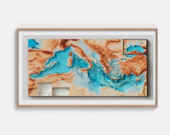 Mediterranean Sea Bathymetric Topographic Map of 1981 - 2D Poster Shaded Relief Map, Fine Art Wall Decor, Vintage Gift Print, Geography Art