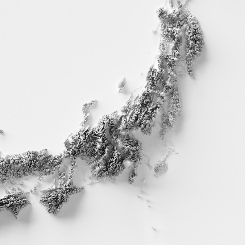 Japan, Elevation tint - White, 2D printed shaded relief of hypsometric map with 3D effect of Japan with monochrome white tint. Vintage maps digitally restored and enhanced with a 3D effect.