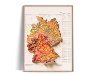 Germany Soil Map of 1995 - 2D Poster Shaded Relief Map, Fine Art Wall Decor, Vintage Gift Print, Geography Travel Art