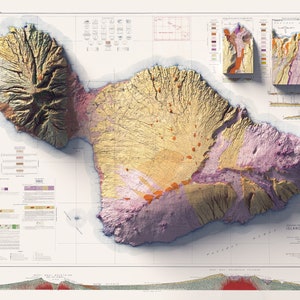 Maui Hawaii, USA Geological Map of 1942 2D Poster Shaded Relief Map, Fine Art Wall Decor, Vintage Gift Print, Geography Travel Art image 2