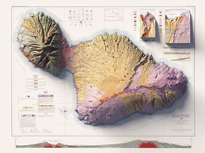 Maui Hawaii, USA Geological Map of 1942 2D Poster Shaded Relief Map, Fine Art Wall Decor, Vintage Gift Print, Geography Travel Art image 2