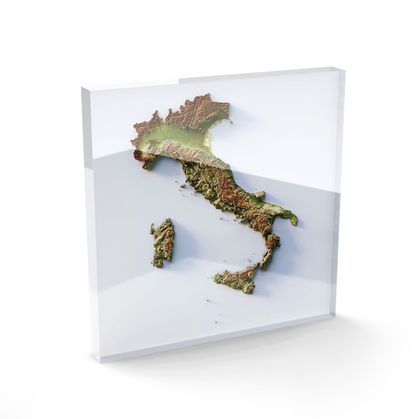 Italie | Bloc acrylique | Carte en relief ombragé | Teinte d'élévation géo, irisée, spectrale et blanche