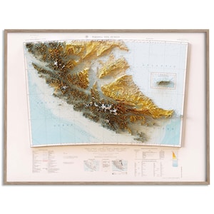 Tierra del Fuego Topographic Map of 1964 - 2D Poster Shaded Relief Map, Fine Art Wall Decor, Vintage Gift Print, Geography Travel Art
